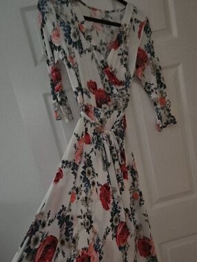 Floral Wrap Maxi Dress in White with Red & Navy Blooms
